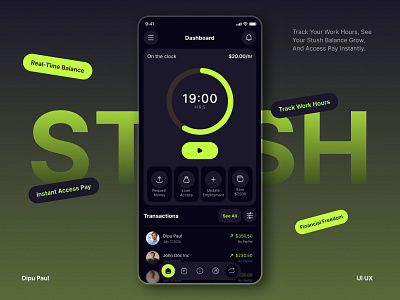 Stush – Real Time Earnings Fintech App UI/UX Design app concept banking app digital wallet earn app earnings tracker expense finance finance app financial app design financial dashboard fintech fintech app mobile app design money management product design salary access app stush app tracker app uiux design