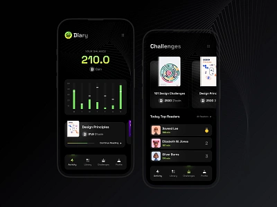 📚 Diary | Earn as you read! 3d activity app book case study challenge chart chatgpt coin crypto dark diary green iphone presentation progress reading ui userinterface ux