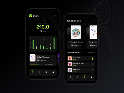 📚 Diary | Earn as you read! 3d activity app book case study challenge chart chatgpt coin crypto dark diary green iphone presentation progress reading ui userinterface ux
