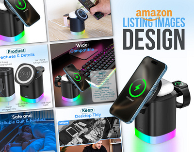 Amazon Listing Design 3-in-1 Wireless Charger amazon branding dribbble portfolio ecommerce listing design product design wireless charger