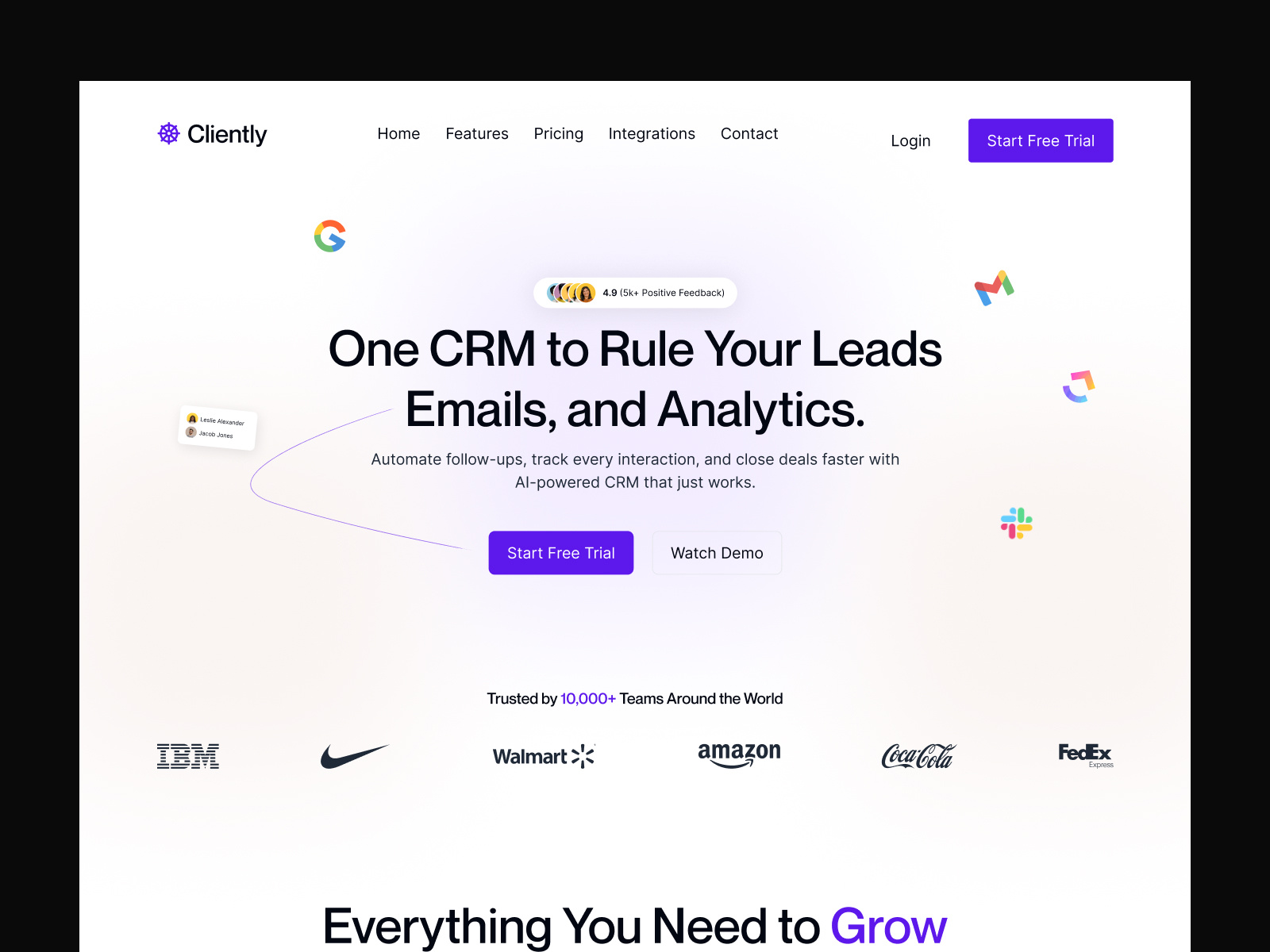 Cliently – CRM Website for Smarter Lead Management. bento design design management ui minimal modern ui saas saas landing saas tool saas website team team management tool ui ui design uiux web design web landing website website design