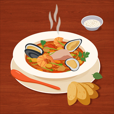 Bouillabaisse art bouillabaisse digital art digital illustration drawing food food illustration illustration illustrator national cuisine national dish plate postcard soup still life