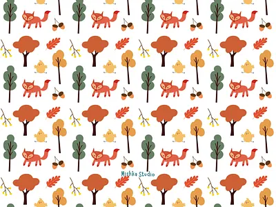 Little Woods Collection acorns autumn leaves autumn pattern digital art digital illustration digital pattern fall surface design fox graphic design home decor office decor wall art