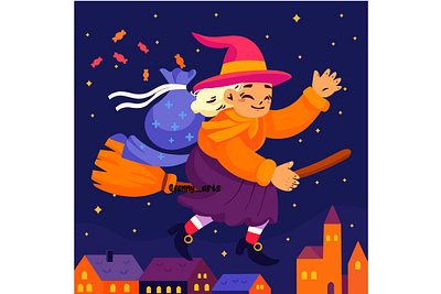 Cartoon Witch Flying on Broom autumn befana celebration character creepy culture event festival festive halloween happy holiday horror moon party pumpkin scary spooky traditional witch