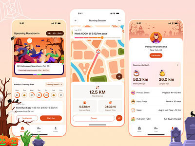 Runaway - Marathon Training App 👟 analytics app halloween health illustration marathon mobile orange orely recovery run running training ui ux workout