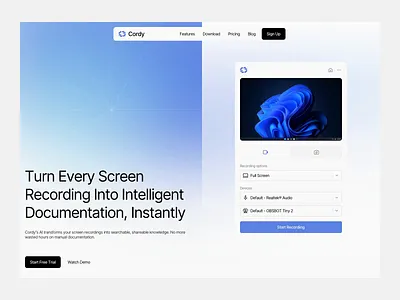 Cordy - Screen Recording Landing Page animation animation design design landing page landing page design saas saas landing page saas website screen record screen recording ui ui design uiux uiux design ux web web design website website animation website design