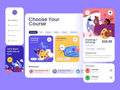 E-course App Dashboard art cartoon clean course design illustration kids leaning onboarding school typography ui ux whitespace