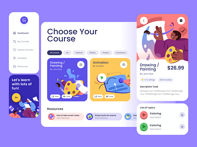 E-course App Dashboard art cartoon clean course design illustration kids leaning onboarding school typography ui ux whitespace