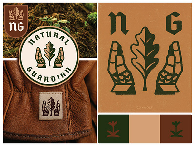 Brand Identity - Natural Guardian armor branding earth tones english forest gloves graphic design handmade identity illustration knight lettering logo monogram nature rugged shield tattoo tree vintage