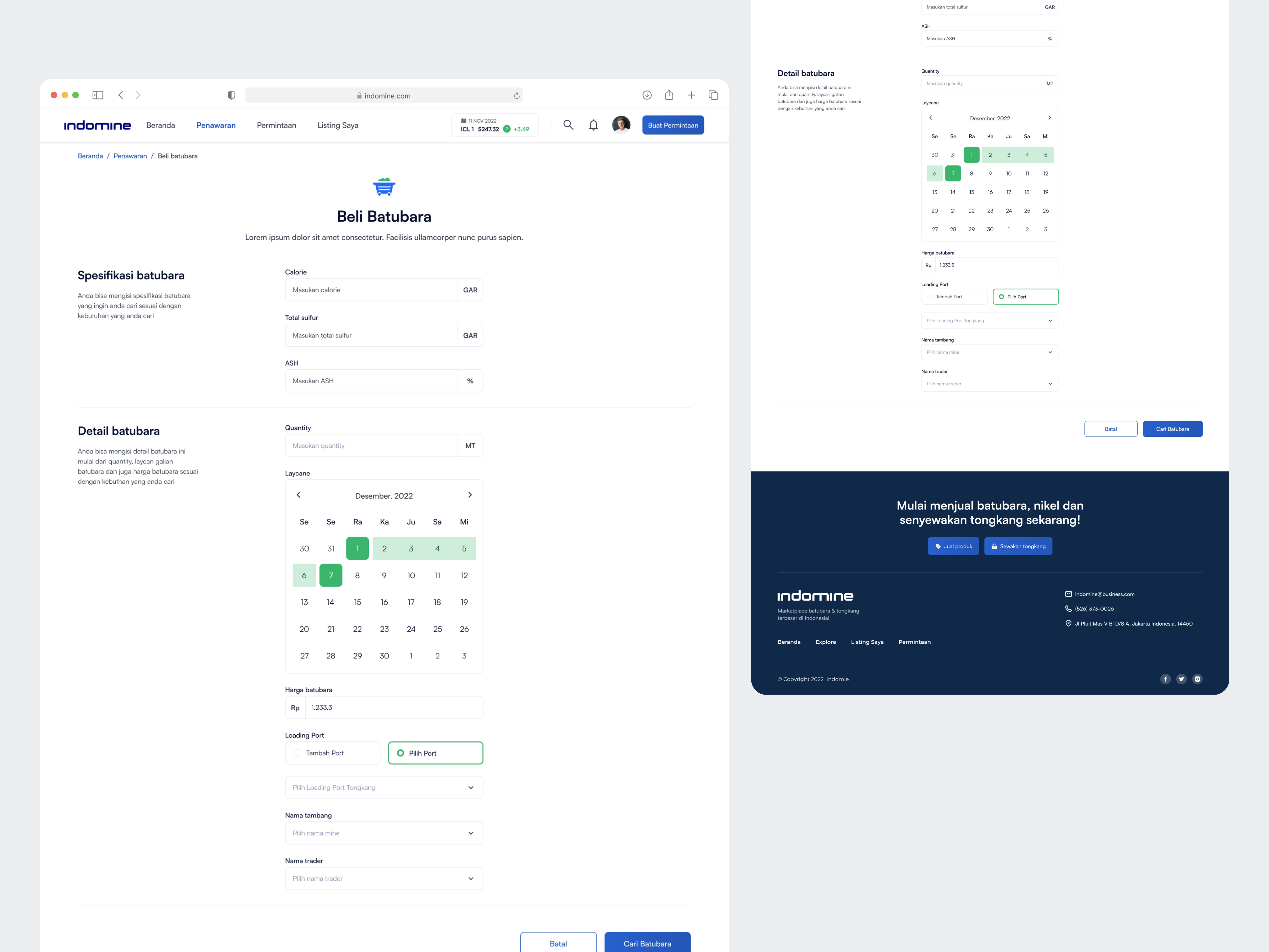Indomine — Coal Purchase Page in Coal Listing Marketplace coal dashboard form landing page listing marketplace mining nickel online store order management product design purchase page saas saas design traders ui ux web app web design