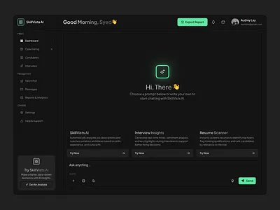 AI Chat Dashboard – SkillVista AI ai assistant ai chat ai chat dashboard ai chat interface ai dashboard ai powered design ai recruitment platform ai saas design business intelligence chatbot interface minimalist product design productivity smart assistant web app design