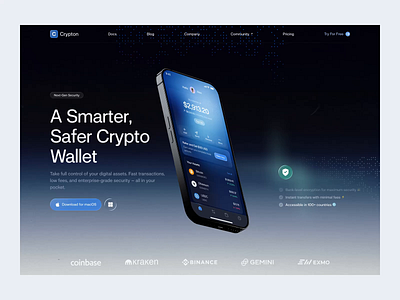 Crypton — Crypto Wallet Landing Page animate b2b blockchain clean crypto crypto wallet cryptocurrency dapp defi dipa inhouse hero section landing page minimalist modern design saas startup uiux web design web3 website