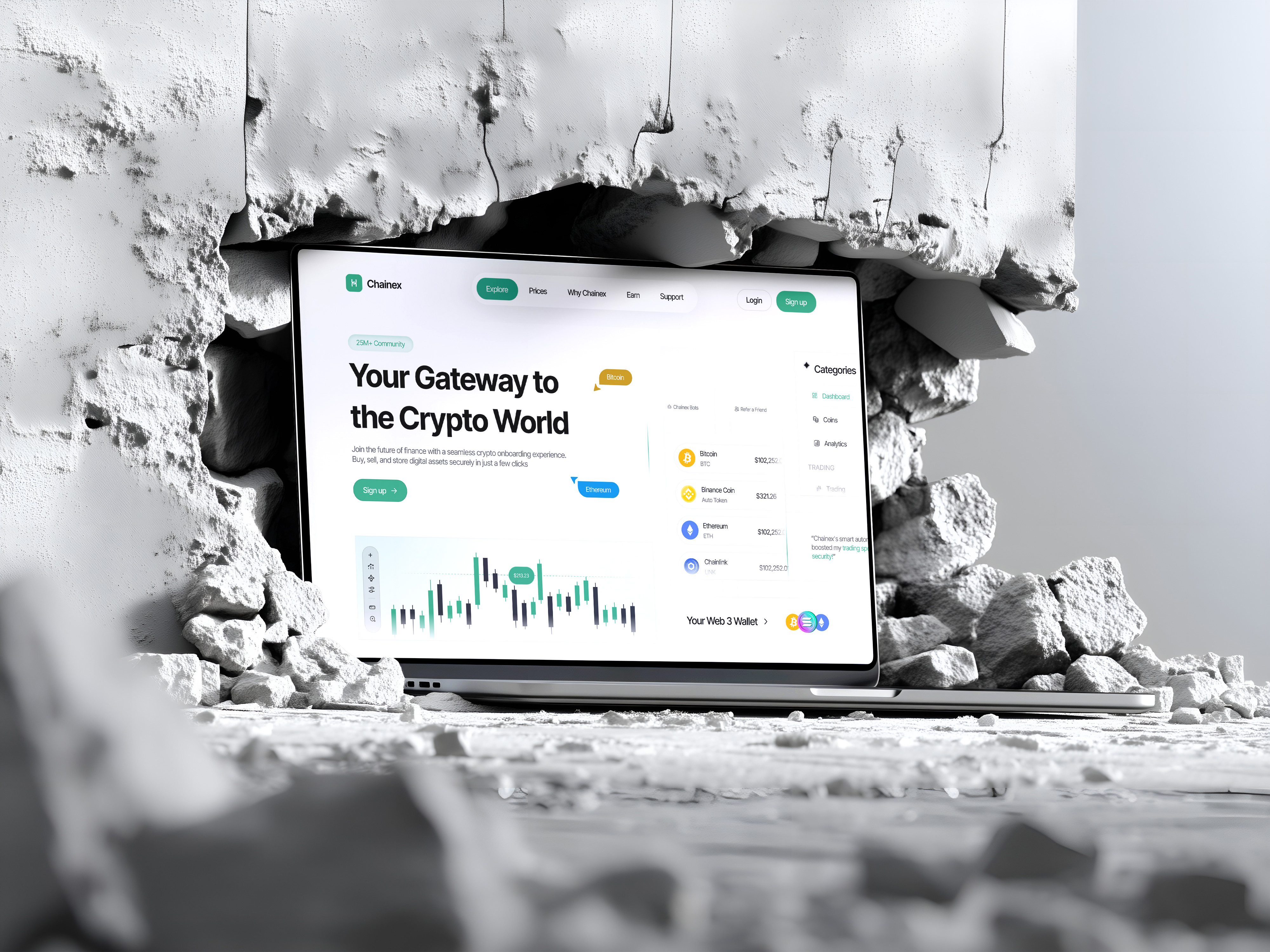UI Wiki - Immersive Crypto Platform UI in a Bold Visual Setting bold tech presentation