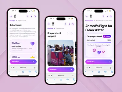 ILM Charity Website UI/UX Design app design campaign page charity donation app fundraising humanitarian ios app minimal mobile design mobile ui nonprofit purple ui responsive design social impact ui ui design ux ux design