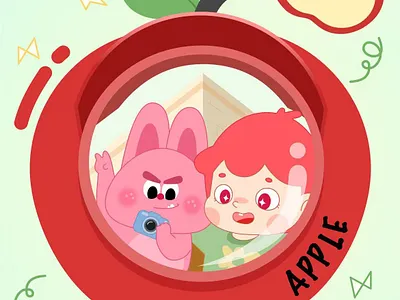 JOJO和荔枝兔在苹果的小世界里，开启欢乐的派对～ 插画