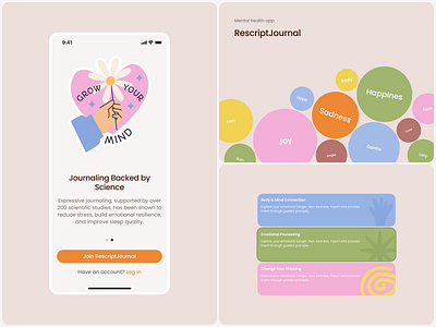 Rescript Journal Onboarding: First Impressions That Heal app app concept app design calming design creative ui design emotional healing empathy driven design figma illustration interaction design journaling app mental health app minimalist ui modern ui onboarding onboarding design product design self care app ui