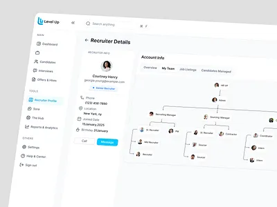 Recruiter Management Dashboard UI Design admin dashboard app design candidate dashboard clean interface dashbaord design data visualization employee dashbaord hr dashboard hr management minimal design modern interface organization chart product design profile dashboard recruitment team management ui design ux design web design