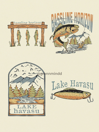 Bassline Horizon, Lake Havasu ~ Retro Illustration Bundle apparel art bass branding drawing fish fisherman illustration lake retro tshirt vintage