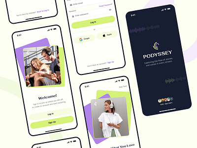 Onboarding & Authentication Flow - Podcast Mobile App app authentication branding clean design listen online log in mobile mobile app navigation onboarding player podcast registration responsive sign in sign up ui ux