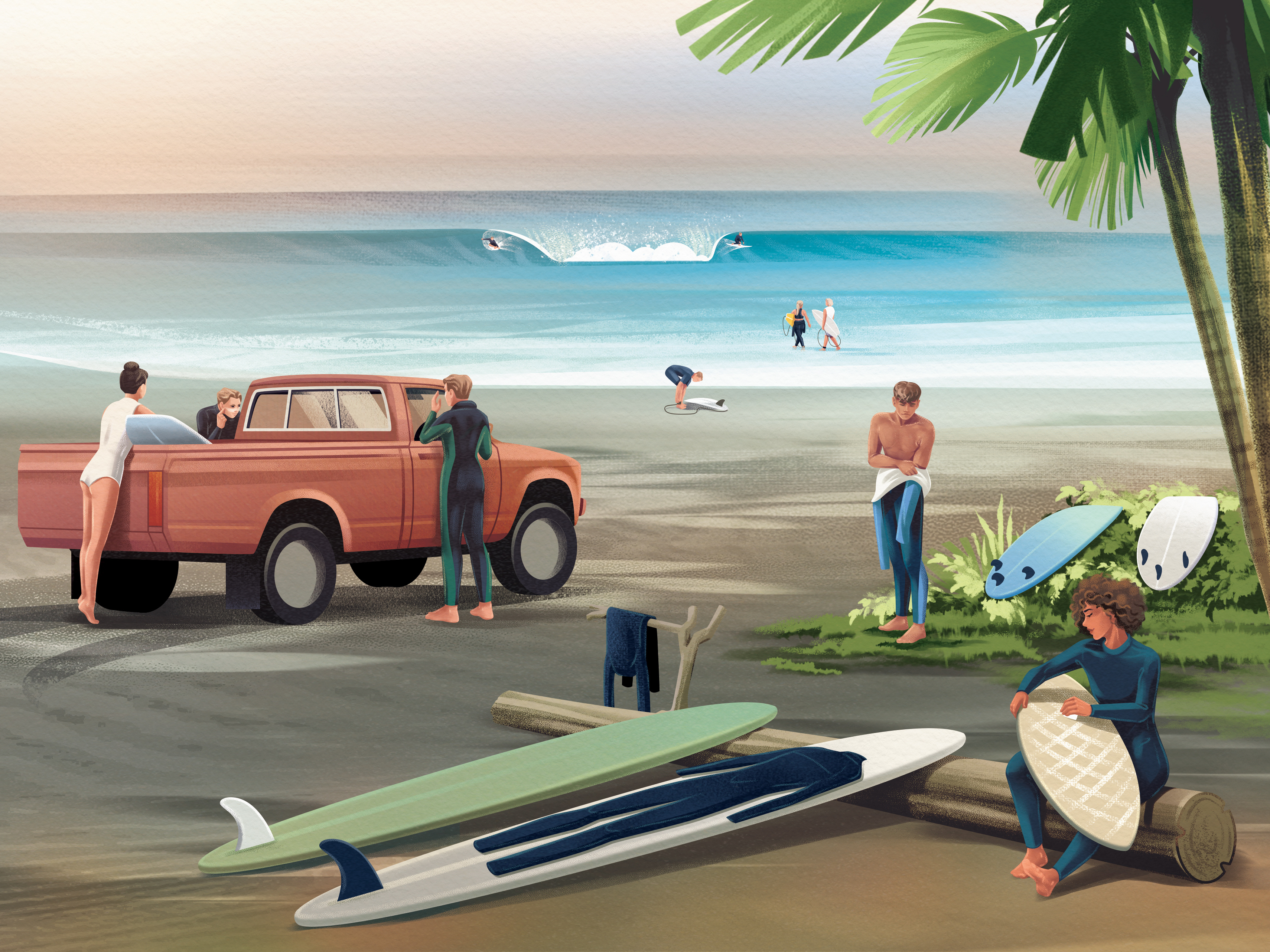 Surfers getting ready beach character colorful girl illustration landscape lifestyle man nature ocean palm tree sea sports summer surfboard surfer surfing truck wave woman