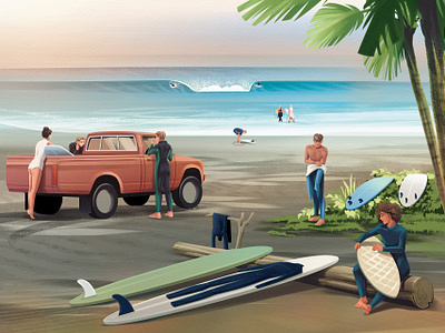 Surfers getting ready beach book character colorful girl illustration lifestyle man nature ocean palm tree sea sports summer surfboard surfer surfing truck wave woman