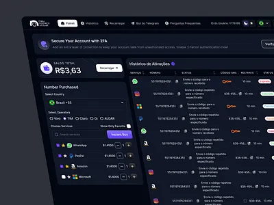 Dark Mode Telecom Management Dashboard UI Design activation dashboard admin dashboard app design billing dashboard clean interface dark dashboard dark mode ui dashboard design data dashboard finance dashboard minimal design product design saas dashboard telecom dashboard ui design ux design virtual number web design