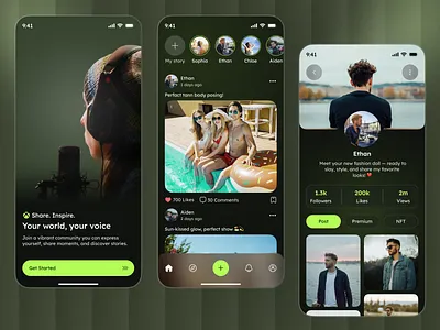 Modern Social Platform UI – Smooth & Engaging Experience app onboarding screen community app dark mode ui feed posts design interaction design light mode ui messaging chat ui mobile app ui social media app social network app uiux design user experience user interface user profile screen