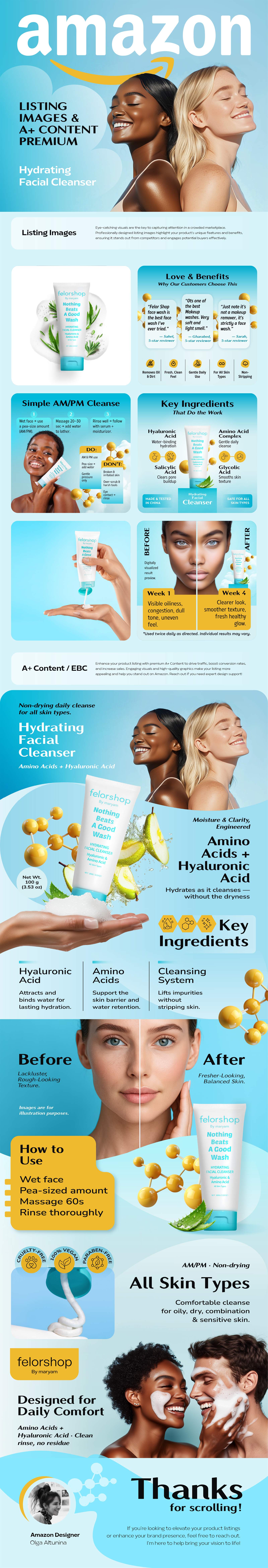 Amazon Listing A+ Content EBC Design Hydrating Facial Cleanser a content amazon amazon design amazon listing banners cosmetic cosmetics design digital content design e commerce ecommerce branding ecommerce visuals graphic design product presentation product visuals skincare visual