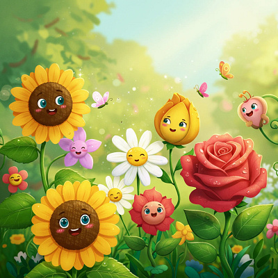 Animated cartoon flowers with happy faces.