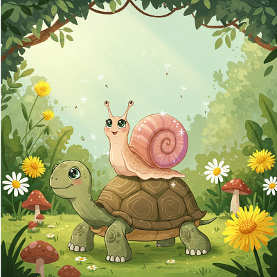 A cartoon turtle and snail smiling.