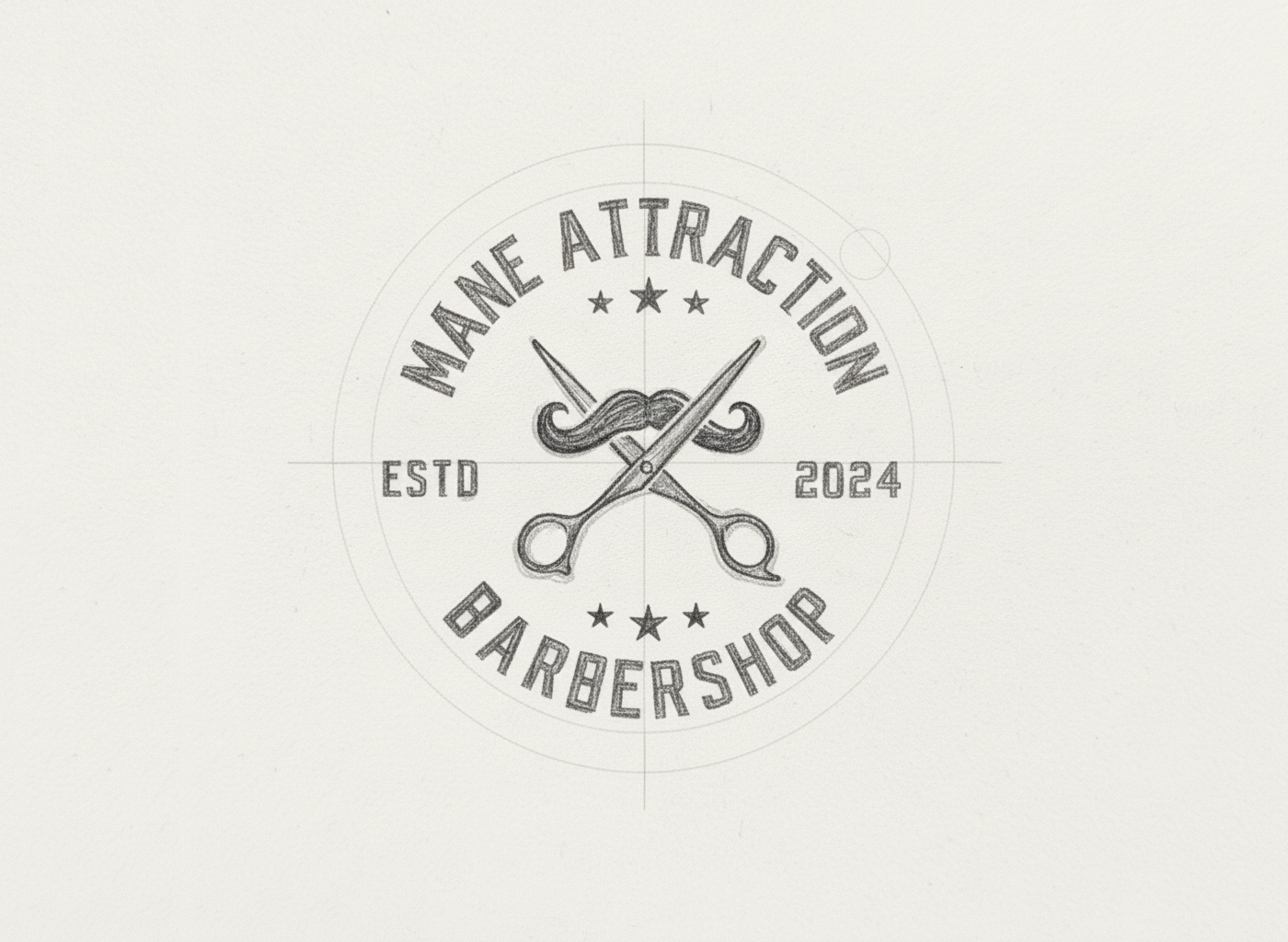 Mane Attraction Barbershop Vintage Emblem Pencil Sketch Concept barbershop brand identity crossed shears custom typography distressed texture emblem graphic design hand drawn logo design logoconcept mens grooming mustache icon pencil sketch sketch vintage logo