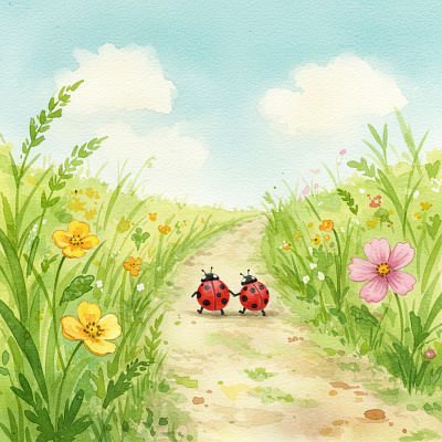 Two happy ladybugs walk hand-in-hand path in a watercolor meadow
