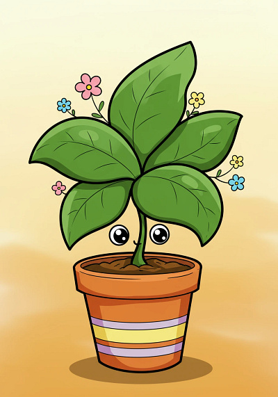 A cartoon plant with featuring cute large eyes and a smile.