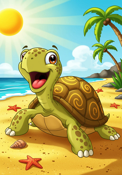 A happy cartoon turtle smiling.