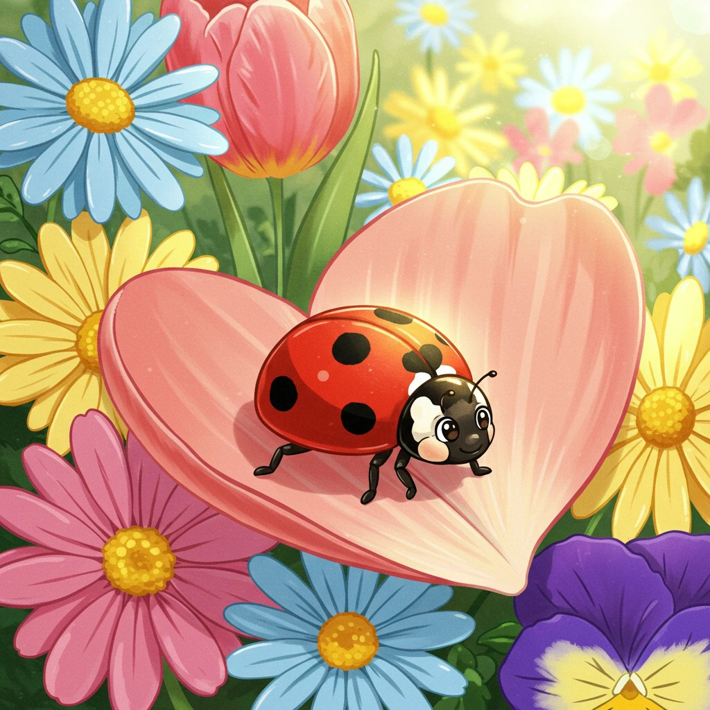 A cute cartoon ladybug with big eyes.