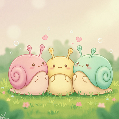 Three adorable pastel cartoon snails sit.
