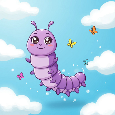 A cute caterpillar floats in a bright blue sky.