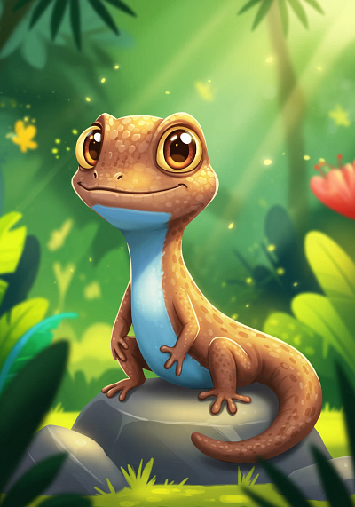 A smiling cartoon brown lizard in jungle with sunlight.