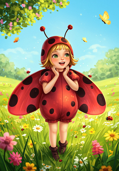 Happy young girl in a red ladybug costume in a vibrant field.
