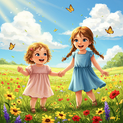 Happy young girls hold hands in a bright under a sunny blue sky.