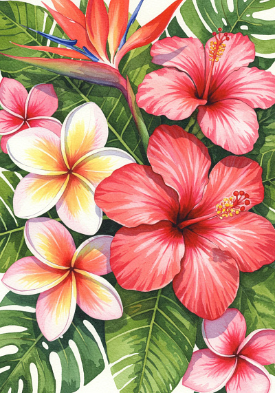 Vibrant watercolor illustration of tropical flowers.