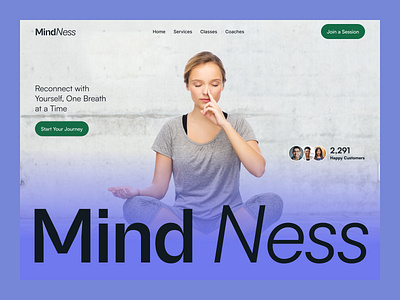 MindNess — Modern Meditation & Wellness Website Hero Design animation branding framer graphic design health and wellness health tech ui hero section design homepage lifestyle website meditation mental health mindfulness website modern web design peno lab typoghaphy webflow wellness brand wordpress yoga yoga website design