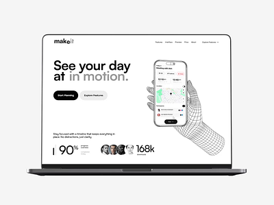 Planner app Landing page 3d animation blender clean framer landing minimalistic three.js website