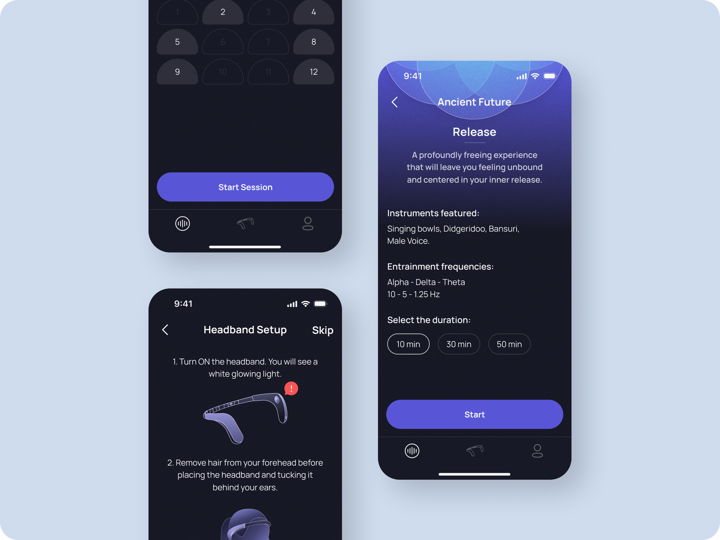 Guided Session App appconcept calmexperience cleaninterface darkmodedesign dribbbleshots guidedsession interactiondesign interfacedesign minimalui mobileui motionfriendly neurowave onboardingflow productdesign sensorytech ui uicomponents userexperience ux wellnessapp