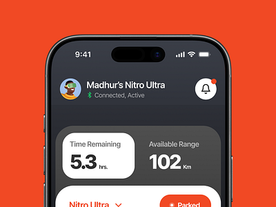 App Avatar with Status for EV Scooter App app design app header design app notification app profile section app status app ui branding dark theme app design graphic design hero section illustration logo orange app design portfolio ui user profile section vector web design
