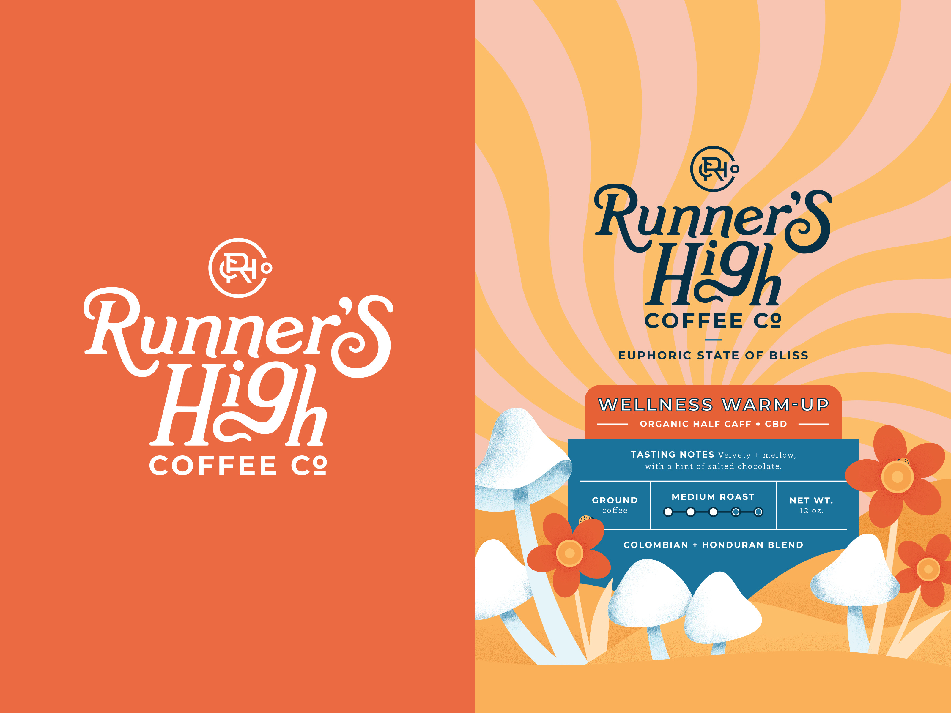 Wellness Warm-Up bag brand development branding cbd coffee coffee logo coffee packaging high label design ladybug logo monogram mushroom packaging runner running