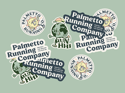 Palmetto Running Company Stickers cartoon character character illustration earth earth character green hilton head island palmetto run runner running south carolina stickers sun sun character vector