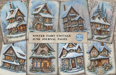 Winter Fairy Cottage Junk Journal Pages blue cozy cottage cozy winter design digital art digital download digital illustration fairy tale cottage flower cottage graphic design grunge paper background illustration old paper texture scrapbook page snow cottage vintage ephemera vintage illustration watercolor winter cottage junk journal page winter junk journal page