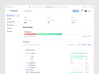 Medical education platform - Dashboard dashboard education learning med question quiz saas student ui ux