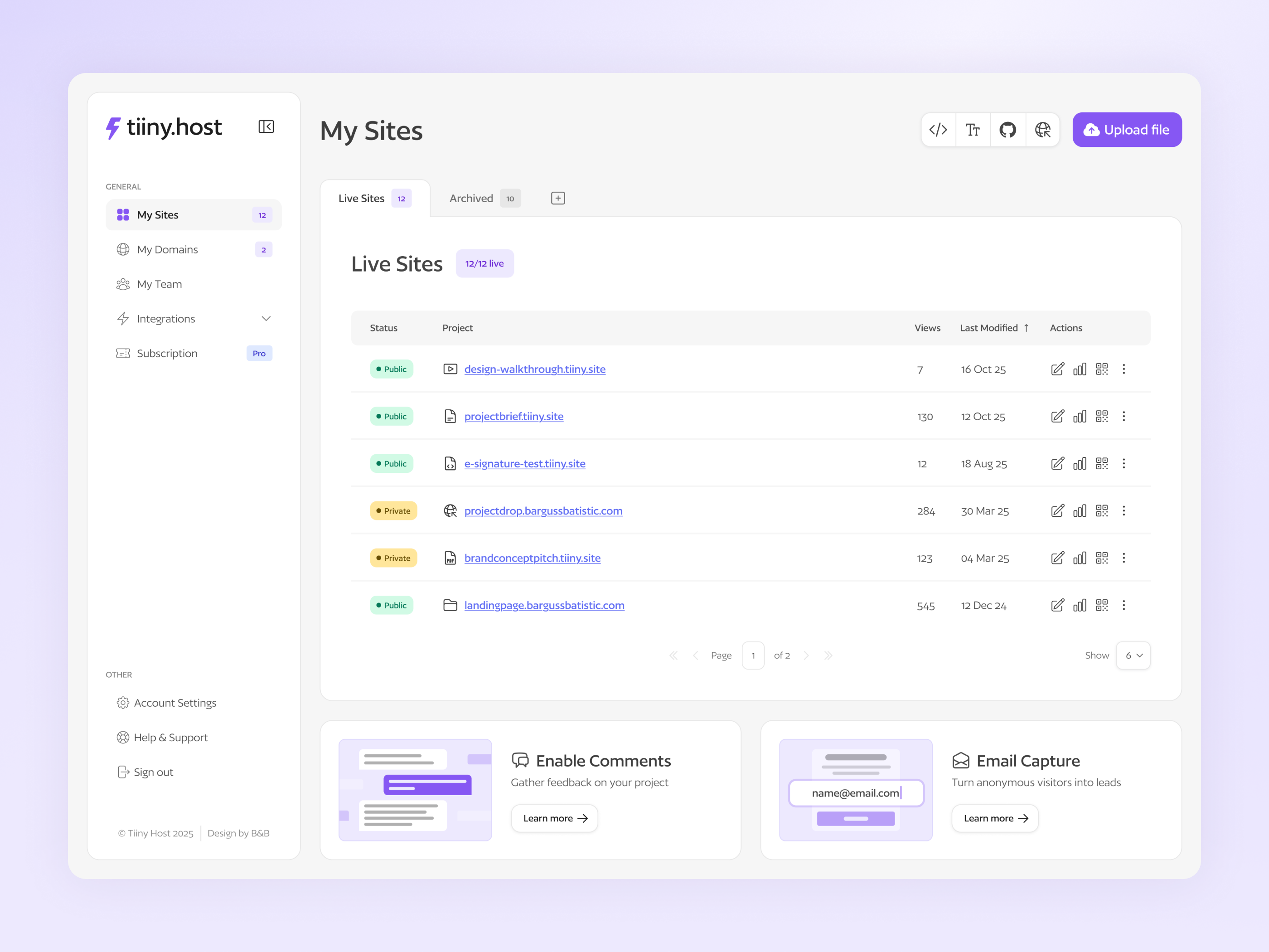 Tiiny Host | User Dashboard Concept button dashboard feature file hosting html list menu pdf project sidebar status table ui upload ux zip
